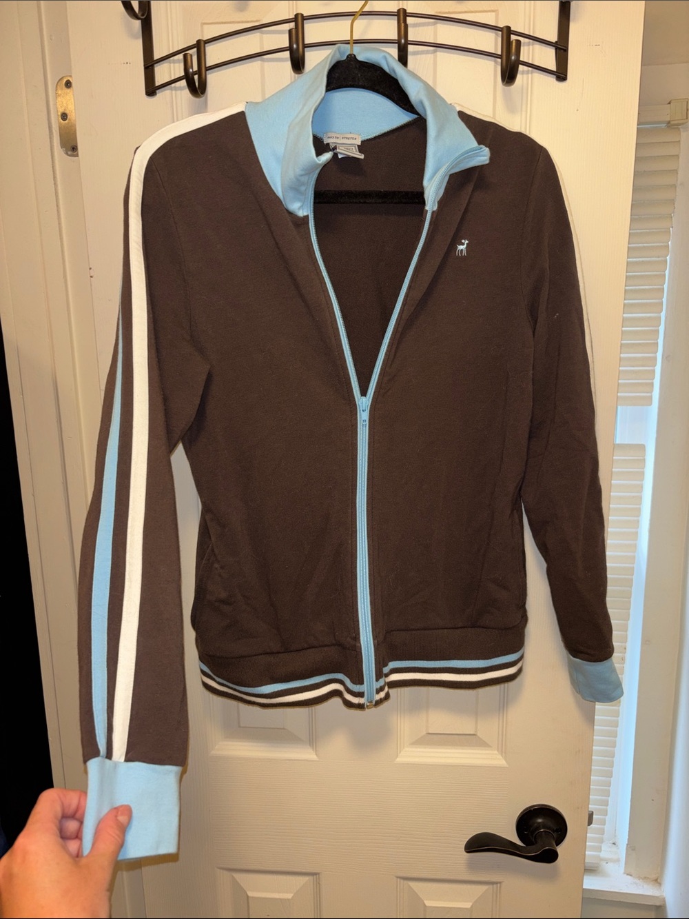 Old Navy Brown Bomber Jacket with Light Blue and White Trim